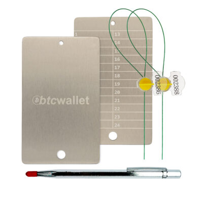 Металеві пластини Btcwallet White Plate with Seals для зберігання сід-фрази 2 штуки + 2 пломби + гравірувальна ручка