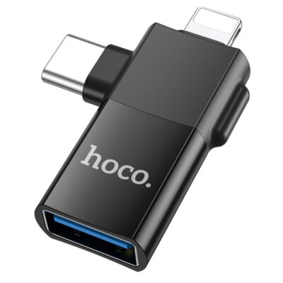 Адаптер OTG 2-в-1 Hoco UA17 USB-C / Lightning to USB-A Black (777114)