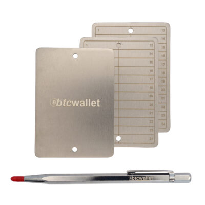 Три металеві пластини Btcwallet Trio 24 Plate для зберігання трьох сід-фраз 89мм x 63.5мм + кріпильні болти + гравірувальна ручка 2
