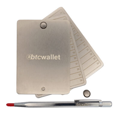 Три металеві пластини Btcwallet Trio 24 Plate для зберігання трьох сід-фраз 89мм x 63.5мм + кріпильні болти + гравірувальна ручка